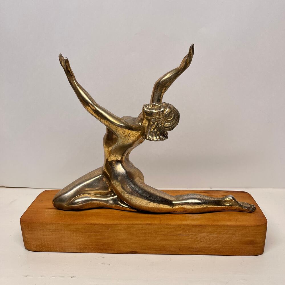 Vintage Art Deco Gilded Metal Woman Figurine on Wooden Base